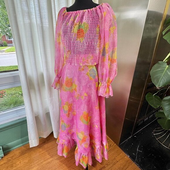 Vintage 70s two pieces set, pink, orange, yellow floral smocked bodice, maxi - Picture 1 of 10
